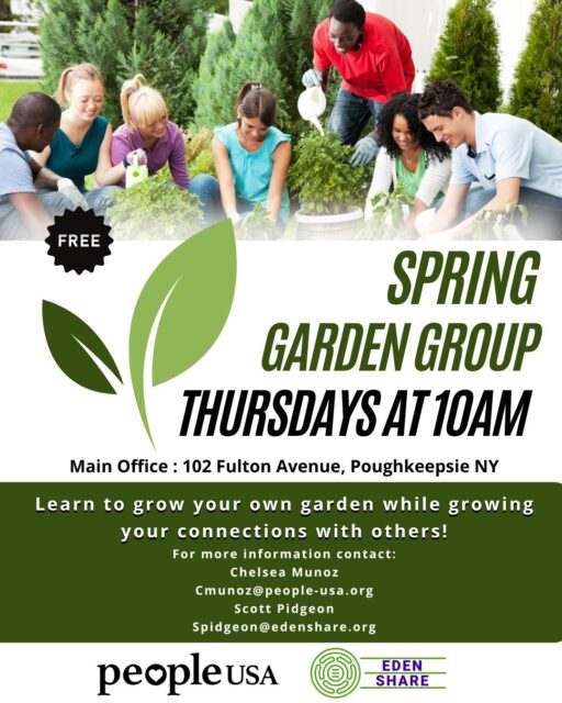 Starting This Week! 📢 📢 

Get your hands dirty and connect with nature! Our garden group is a welcoming space for anyone looking to cultivate plants, community, and mindfulness. We'll tend to seasonal flowers, herbs, and veggies while enjoying the therapeutic benefits of being outdoors. No experience is needed, just a willingness to dig in and learn! 🌞 

Come join us in the garden every Thursday at 10AM! 🌱🪴🌷🌻

For more information contact - Chelsea Munoz: cmunoz@people-usa.org , Scott Pidgeon : Spidgeon@edenshare.org 

https://www.edenshare.org/ 

#Gardening #GardeningGroup #CommunityGarden #GardenProject #PeopleUSA #PeopleUSANow #Nonprofit #MentalHealth #Advocacy #Peers #WellnessServices #Community #Support #Recovery #Sobriety #Prevention #Hope #RoadToMentalWellness #NewYork
