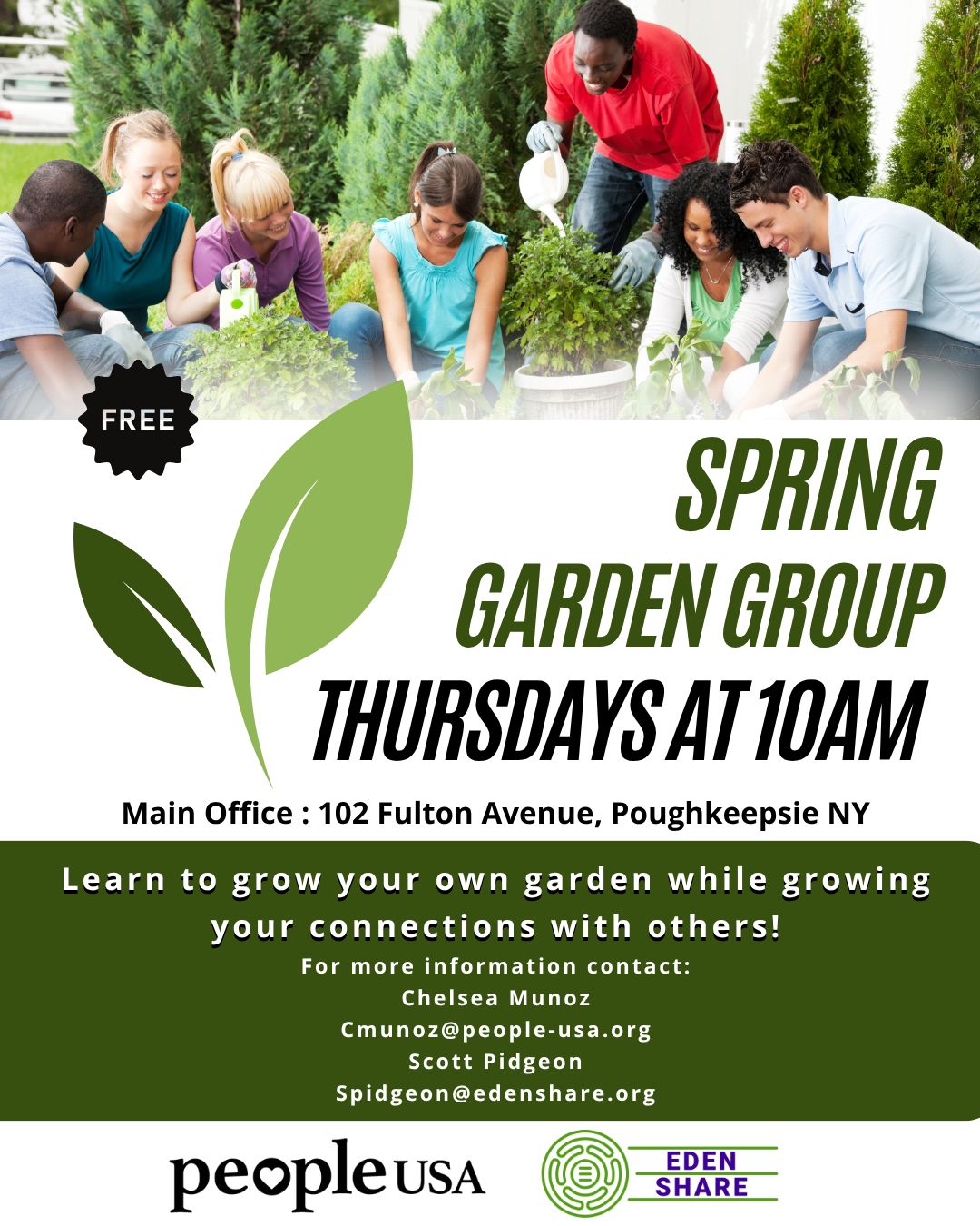 Starting This Week! 📢 📢 

Get your hands dirty and connect with nature! Our garden group is a welcoming space for anyone looking to cultivate plants, community, and mindfulness. We'll tend to seasonal flowers, herbs, and veggies while enjoying the therapeutic benefits of being outdoors. No experience is needed, just a willingness to dig in and learn! 🌞 

Come join us in the garden every Thursday at 10AM! 🌱🪴🌷🌻

For more information contact - Chelsea Munoz: cmunoz@people-usa.org , Scott Pidgeon : Spidgeon@edenshare.org 

https://www.edenshare.org/ 

#Gardening #GardeningGroup #CommunityGarden #GardenProject #PeopleUSA #PeopleUSANow #Nonprofit #MentalHealth #Advocacy #Peers #WellnessServices #Community #Support #Recovery #Sobriety #Prevention #Hope #RoadToMentalWellness #NewYork