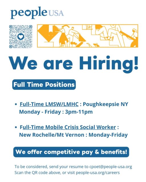 📢 We are Hiring! 📢

Join People USA's Team 💙🤍💙

Apply Here: https://buff.ly/B493P00

#PoughkeepsieNY #NewRochelle #MountVernon #Hiring #WeAreHiring #JoinTheTeam #PeopleUSA #PeopleUSANow #Nonprofit #MentalHealth #Advocacy #Peers #WellnessServices #Community #Support #Recovery #Sobriety #Prevention #Hope #RoadToMentalWellness #NewYork