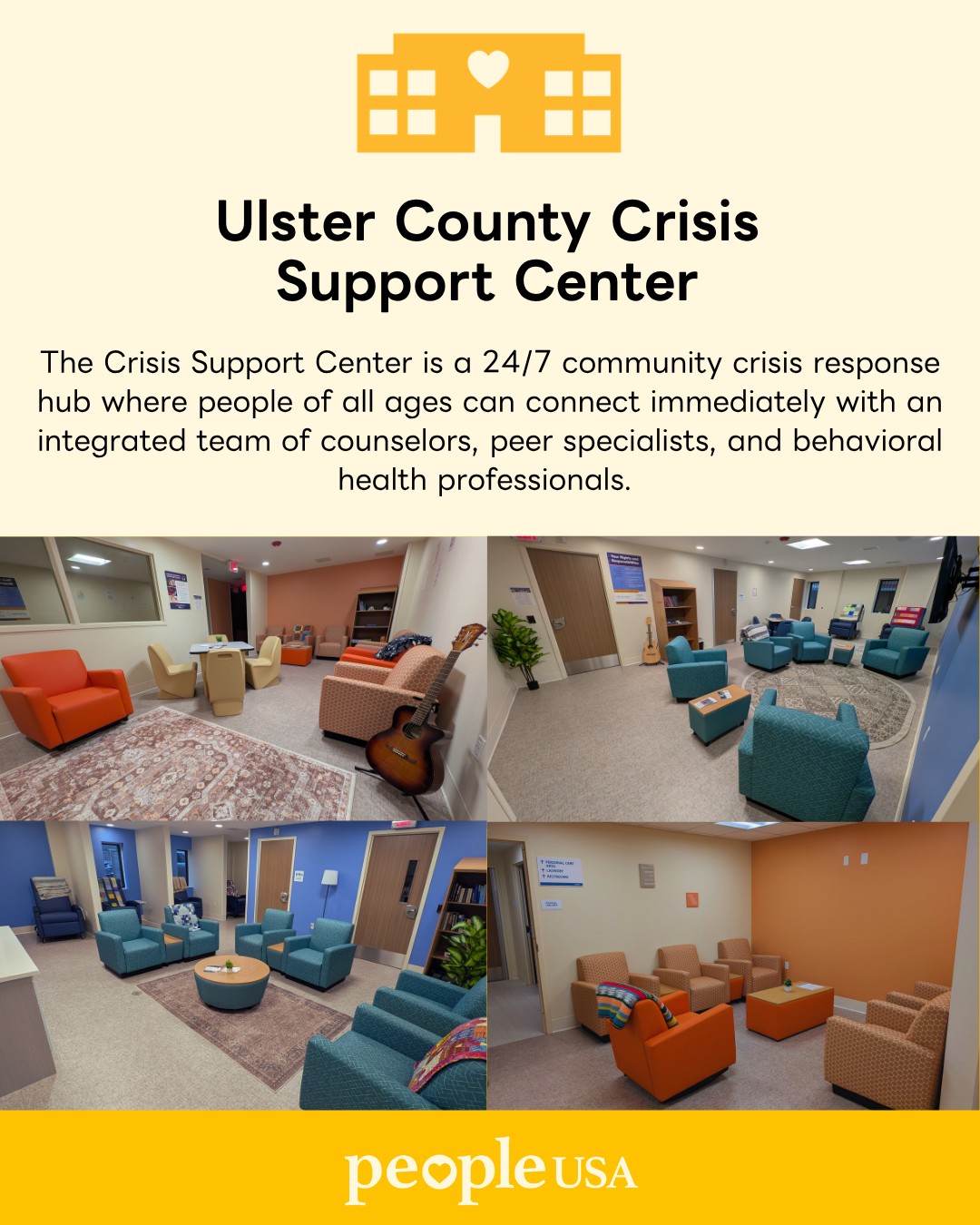 Are you feeling stressed or anxious? Do you need someone to talk to in a space where you feel safe and comfortable?

Please call or stop by our Ulster County Crisis Support Center located at : The Ulster County Center for Well-Being, 1st Floor ; 368 Broadway, Kingston, NY, 12401 

The Ulster County Crisis Support Center is a 24/7 community crisis response hub where people of all ages can connect immediately with an integrated team of counselors, peer specialists, and behavioral health professionals. Children or adults experiencing emotional distress, psychiatric symptoms, substance use challenges, or other life stressors can receive confidential onsite care and support for up to 24 hours. 

Contact : 845-529-COPE(2673) 

For more information : https://people-usa.org/ulster-crisis-support-center/ 

#UlsterCountyCrisisSupportCenter #UlsterCountyCenterForWellbeing #UlsterCounty #WeAreHereForYou #SafeSpace #CrisisStabilizationCenter #CrisisResponse #CrisisSupport #PeopleUSA #PeopleUSANow #Nonprofit #MentalHealth #Advocacy #Peers #WellnessServices #Community #Support #Recovery #Sobriety #Prevention #Hope #RoadToMentalWellness #NewYork