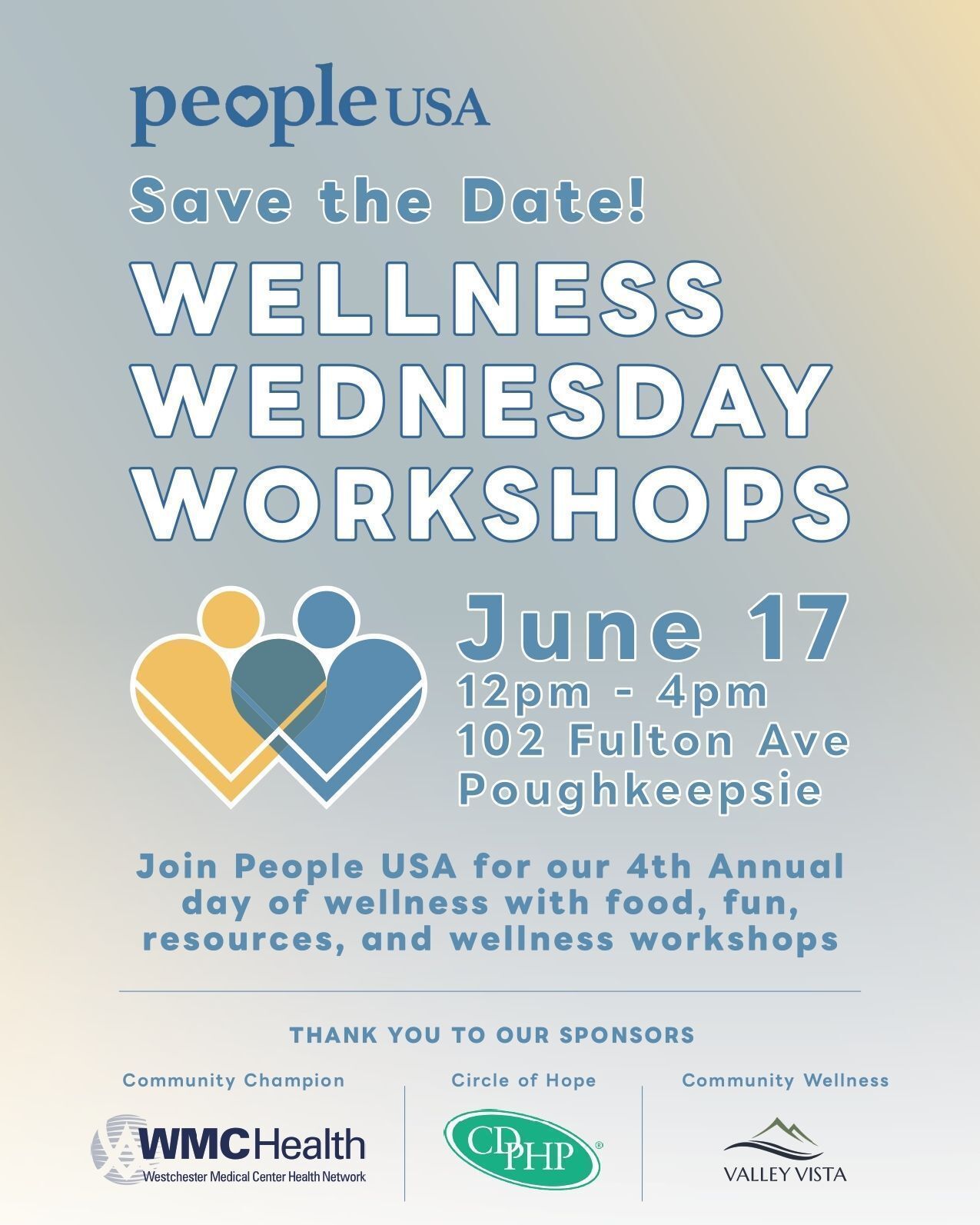 🥳 Join us on June 17th to celebrate our 4th Annual Wellness Wednesday Workshops! 🥳 

This is a community celebration that promotes mental health awareness, recovery, peer support, and whole-person wellness. The event brings together our community members, leaders, and providers for wellness activities, educational resources, and meaningful connection.

This will be a FREE event open for ALL to enjoy. Come and get to know our amazing staff and learn about the services in your community! 💙💙💙 

⭐ Thank you to our Community Champion Presenting Sponsor WMC Health! ⭐

Thank you to our Circle of Hope Sponsor CDPHP.🤝 

Thank you to our Community Wellness Sponsor Valley Vista.🤝 

To Sponsor this event : https://form-renderer-app.donorperfect.io/give/people-usa/wellness-wednesday-sponsorships-2026 

For more information contact : Events and Media Manager, Denika Dixon : ddixon@people-usa.org

#WellnessWednesdayWorkshops #PeopleUSAWellnessWednesdayWorkshops #WellnessFair #WellnessMatters #Wellness #WellnessWorkshops #MentalHealthMatters #SelfCare #SelfLove #Community #DutchessCounty #Poughkeepsie #PeopleUSA #PeopleUSANow #Mentalhealth #Advocacy #Peers #Support #Recovery #Sobriety #Prevention #Hope #RoadToMentalWellness