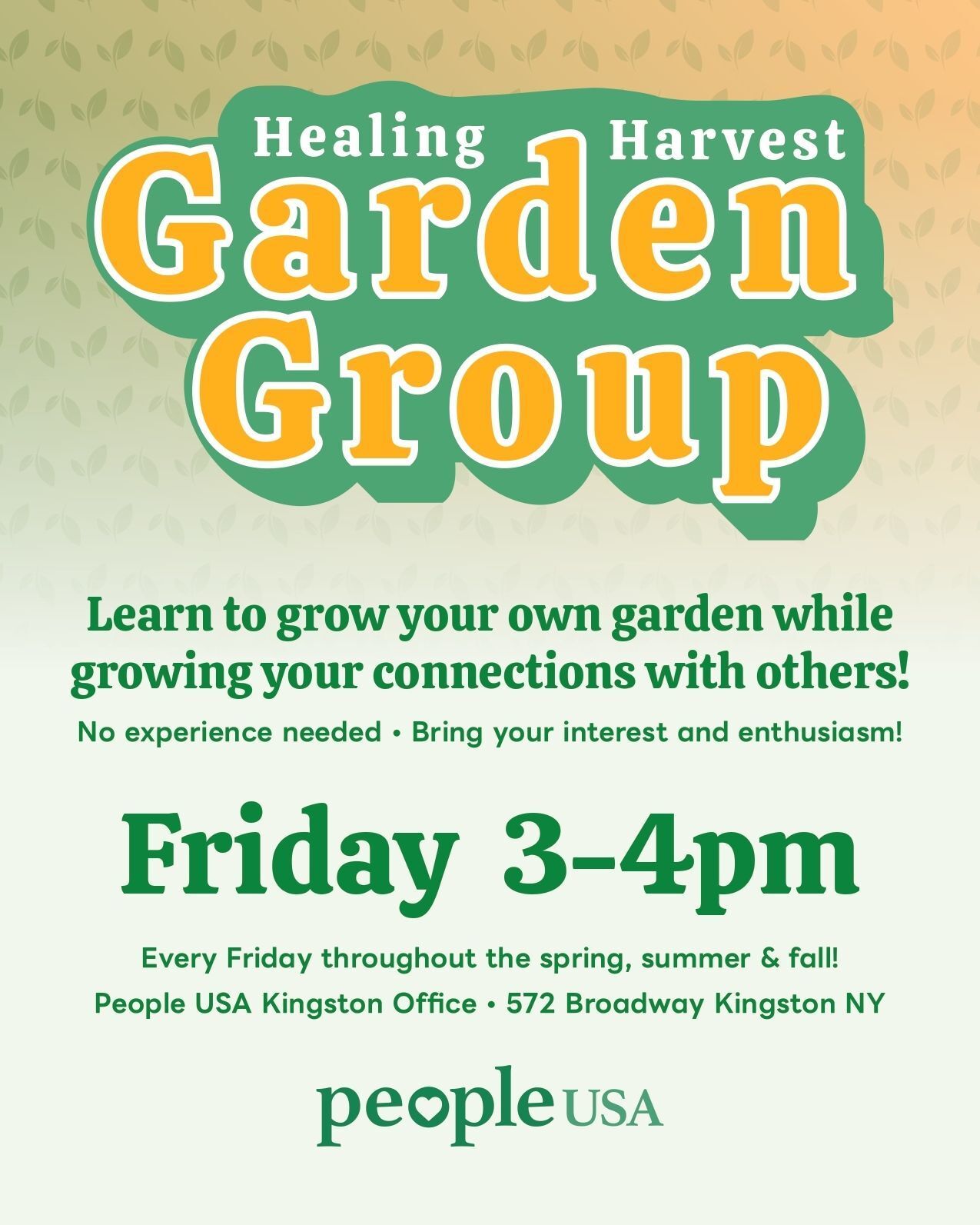 New Garden Group Starting This Friday at our Kingston Office! 📢 📢 

Learn to grow your own garden while growing your connections with others. 💚 

No experience needed, just bring your interest and enthusiasm! 
 
Come join us in the Garden every Friday at 3PM! 🌱🪴🌷🌻

#Gardening #GardeningGroup #CommunityGarden #PeopleUSA #PeopleUSANow #Nonprofit #MentalHealth #Advocacy #Peers #WellnessServices #Community #Support #Recovery #Sobriety #Prevention #Hope #RoadToMentalWellness #NewYork