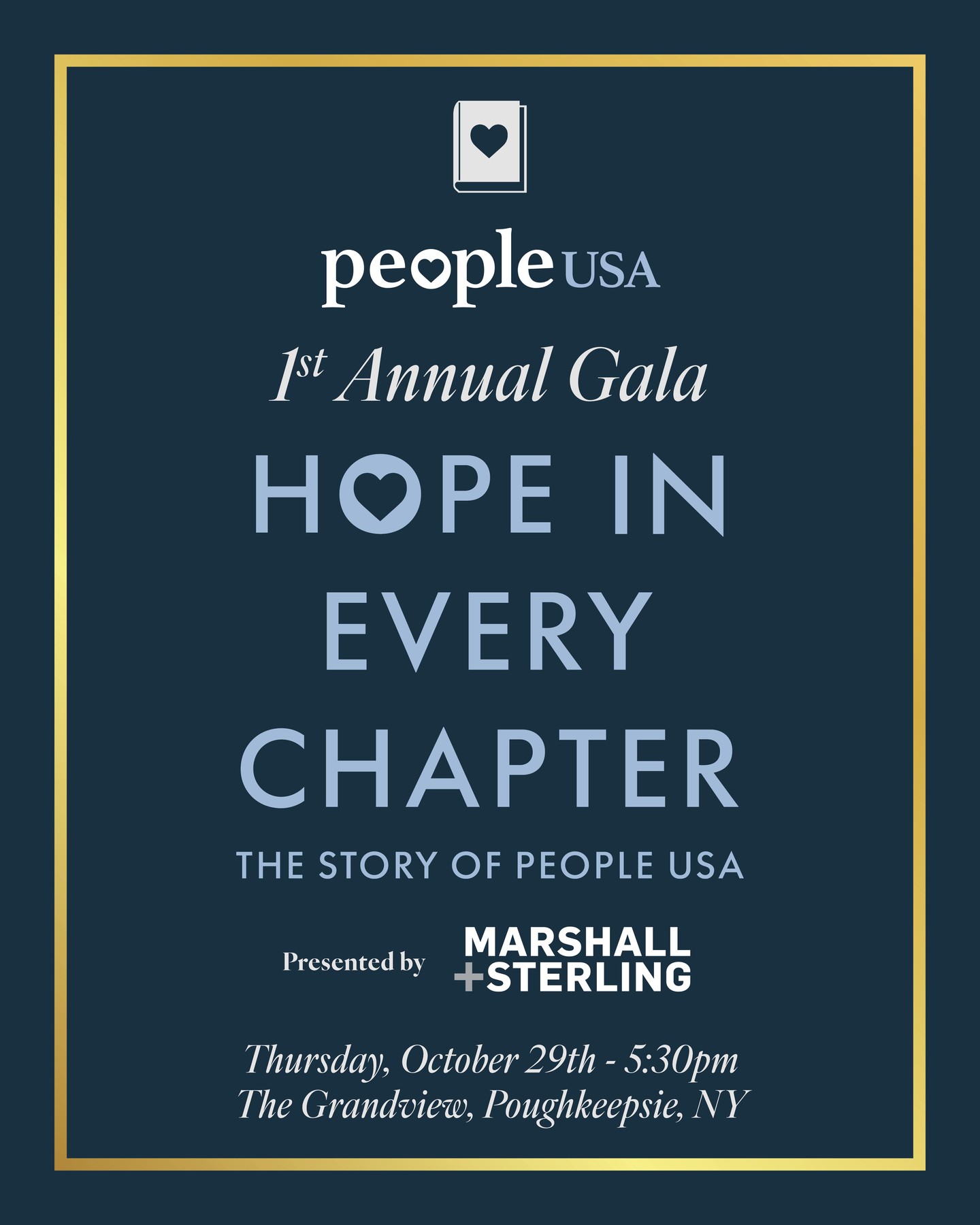 📖 Save the Date for People USA's 1st Annual Gala : The Story of People USA: Hope in Every Chapter 📖
📅 Thursday, October 29th at 5:30PM
📍 The Grandview, Poughkeepsie, NY
This special evening will celebrate more than 35 years of hope, recovery, resilience, and community while looking ahead to the next chapter of our mission.
Join us as we share the inspiring story of People USA: from our beginnings as a peer-run organization to the innovative programs and life-changing services we provide today.
Together, we'll highlight the individuals, partners, and supporters who have helped shape our journey and invest in a future where everyone has the opportunity to thrive.
This inspiring evening will feature networking, dinner, dancing, a silent auction, and opportunities to make a lasting impact on the communities we serve. Whether you've been part of our story for years or are just getting to know People USA, we hope you'll join us for this unforgettable celebration.
🌟 Thank you to our presenting sponsor Marshall & Sterling! 🌟
Sponsorship Opportunities Available!
To become a valued sponsor of this inaugural event, please click here: https://people-usa.org/gala/
#PeopleUSAsFirstAnnualGala #PeopleUSA #PeopleUSANow #WeCareBecauseWeHaveBeenThere #Nonprofit #MentalHealth #Advocacy #Peers #WellnessServices #Community #Support #Recovery #Sobriety #Prevention #Hope #RoadToMentalWellness #NewYork