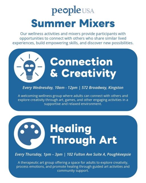 Join us for our events, groups, and mixers! 🗣️

Get involved and get to know what we do at People USA. 💙

These events are free and open to the public! 

For more information check out our flyers for event dates, RSVP instructions, and contact information! 

#Mixers #PublicEvents #DutchessCounty #PoughkeepsieNY #UlsterCounty #KingstonNY #PutnamCounty #BrewsterNY #PeopleUSA #PeopleUSANow #Nonprofit #MentalHealth #Advocacy #Peers #WellnessServices #Community #Support #Recovery #Hope #RoadToMentalWellness #NewYork