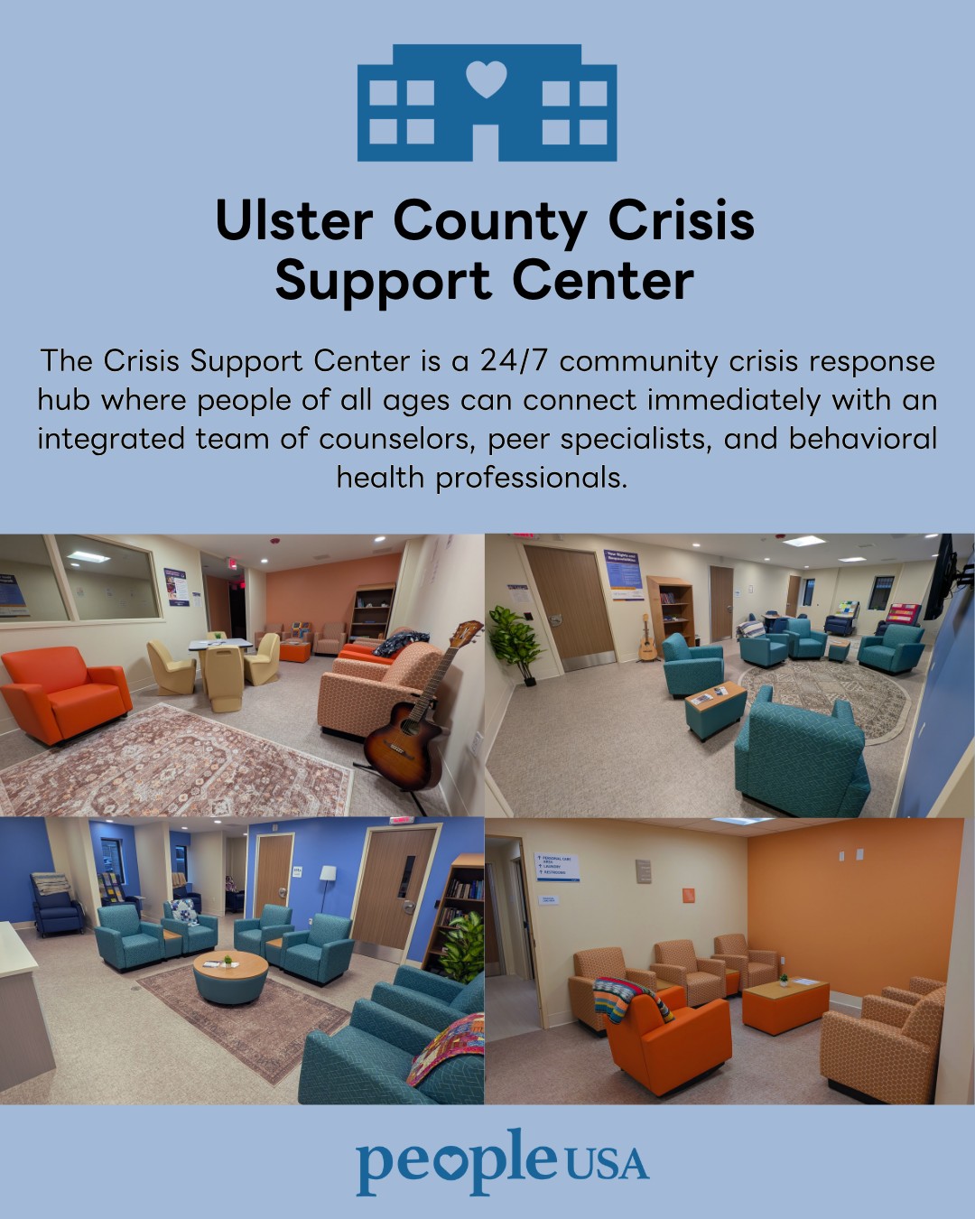 Are you feeling stressed or anxious? Do you need someone to talk to in a space where you feel safe and comfortable?

Please call or stop by our Ulster County Crisis Support Center located at : The Ulster County Center for Well-Being, 1st Floor ; 368 Broadway, Kingston, NY, 12401 

The Ulster County Crisis Support Center is a 24/7 community crisis response hub where people of all ages can connect immediately with an integrated team of counselors, peer specialists, and behavioral health professionals. Children or adults experiencing emotional distress, psychiatric symptoms, substance use challenges, or other life stressors can receive confidential onsite care and support for up to 24 hours. 

Contact : 845-529-COPE(2673) 

For more information : https://buff.ly/F08ea64 

#UlsterCountyCrisisSupportCenter #UlsterCountyCenterForWellbeing #UlsterCounty #WeAreHereForYou #SafeSpace #CrisisStabilizationCenter #CrisisResponse #CrisisSupport #PeopleUSA #PeopleUSANow #Nonprofit #MentalHealth #Advocacy #Peers #WellnessServices #Community #Support #Recovery #Sobriety #Prevention #Hope #RoadToMentalWellness #NewYork
