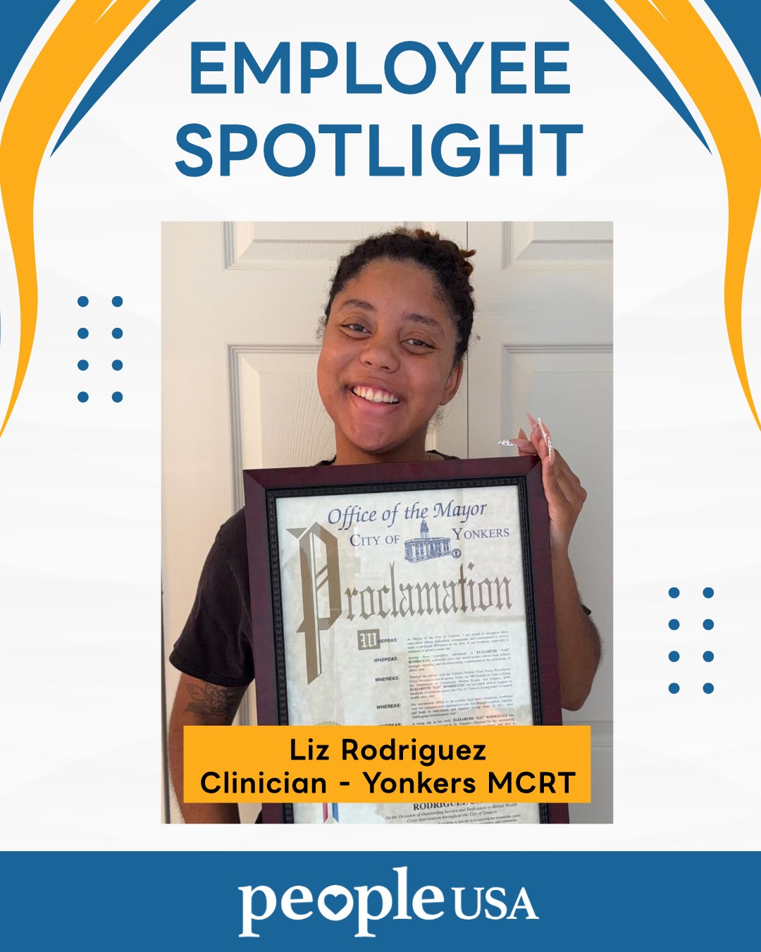 #EmployeeSpotlight 

Congratulations to Liz Rodriguez, Clinician for our Yonkers Mobile Crisis Response Team on receiving The Office of The Mayor - City of Yonkers Proclamation for Outstanding Service and Dedication to Mental Health Crisis Intervention! 🥳🌟🥳

Thank you for your commitment and dedication to our mission. Your passion makes a difference every day. 💙 

#PeopleUSA #PeopleUSANow #StaffSpotlight #TheOfficeofTheMayorCityofYonkersProclamation