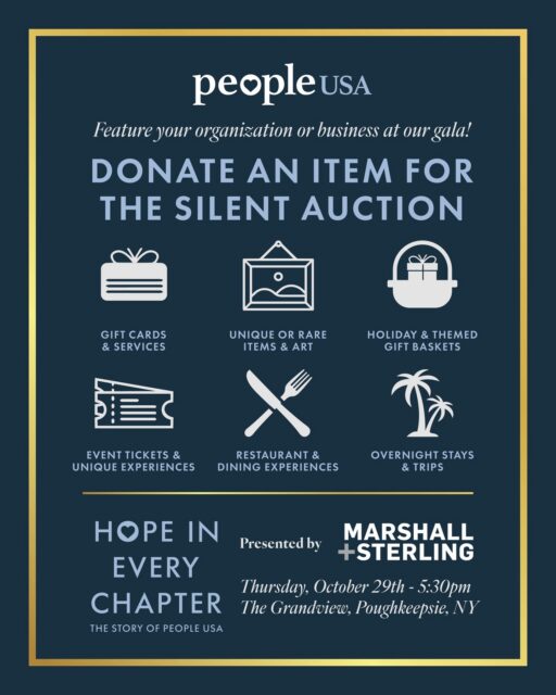 π’ Help Us Make Our 1st Annual Gala Even More Special! π’
People USA is seeking donations for the Silent Auction at our 1st Annual Gala, The Story of People USA: Hope in Every Chapter, on October 29, 2026.
We are looking for a variety of exciting items, including gift cards, unique experiences, holiday or themed gift baskets, entertainment packages, restaurant certificates, overnight stays, and more. Your donation will help us create an exciting auction while supporting People USAβs mission to educate, support, and empower individuals and communities.
If you or your business would like to contribute an item, please use this link : https://people-usa.org/wp-content/uploads/2026/09/Silent-Auction-Solicitation-Packet-Fillable.pdf or email : Amy Galiano - agaliano@people-usa.org
Together, we can help write the next chapter of hope! πππ