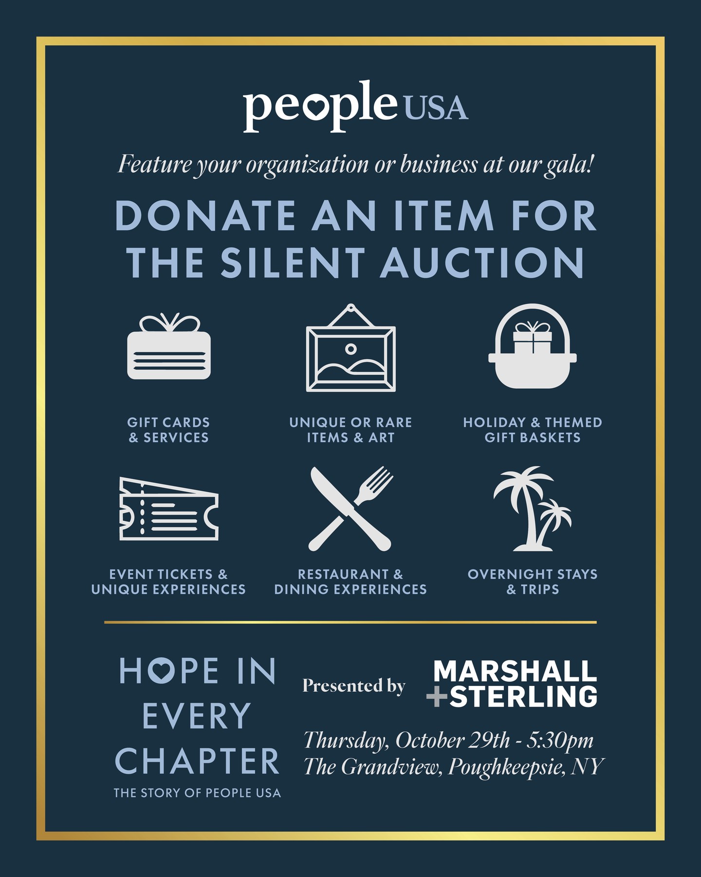 π’ Help Us Make Our 1st Annual Gala Even More Special! π’
People USA is seeking donations for the Silent Auction at our 1st Annual Gala, The Story of People USA: Hope in Every Chapter, on October 29, 2026.
We are looking for a variety of exciting items, including gift cards, unique experiences, holiday or themed gift baskets, entertainment packages, restaurant certificates, overnight stays, and more. Your donation will help us create an exciting auction while supporting People USAβs mission to educate, support, and empower individuals and communities.
If you or your business would like to contribute an item, please use this link : https://people-usa.org/wp-content/uploads/2026/09/Silent-Auction-Solicitation-Packet-Fillable.pdf or email : Amy Galiano - agaliano@people-usa.org
Together, we can help write the next chapter of hope! πππ