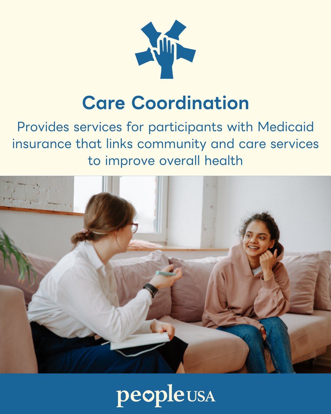 Need help with any of the following? 🤔

- Connections to Mental Health and Medical Providers
- Assistance with Applying for Benefits
- Housing Assistance
- Vocational / Educational Support
- Transportation Support
- Peer Support and Advocacy
- Social and Recreational Activities
- Implementation of Care Plan to Achieve Goals
- Linkages & Referrals

Do you have Medicaid Insurance? Our Care Coordination Services might be right for you! 💙

For more information about our Care Coordination Program : https://buff.ly/7GgjVfH

#PeopleUSA #PeopleUSANow #Nonprofit #MentalHealth #Advocacy