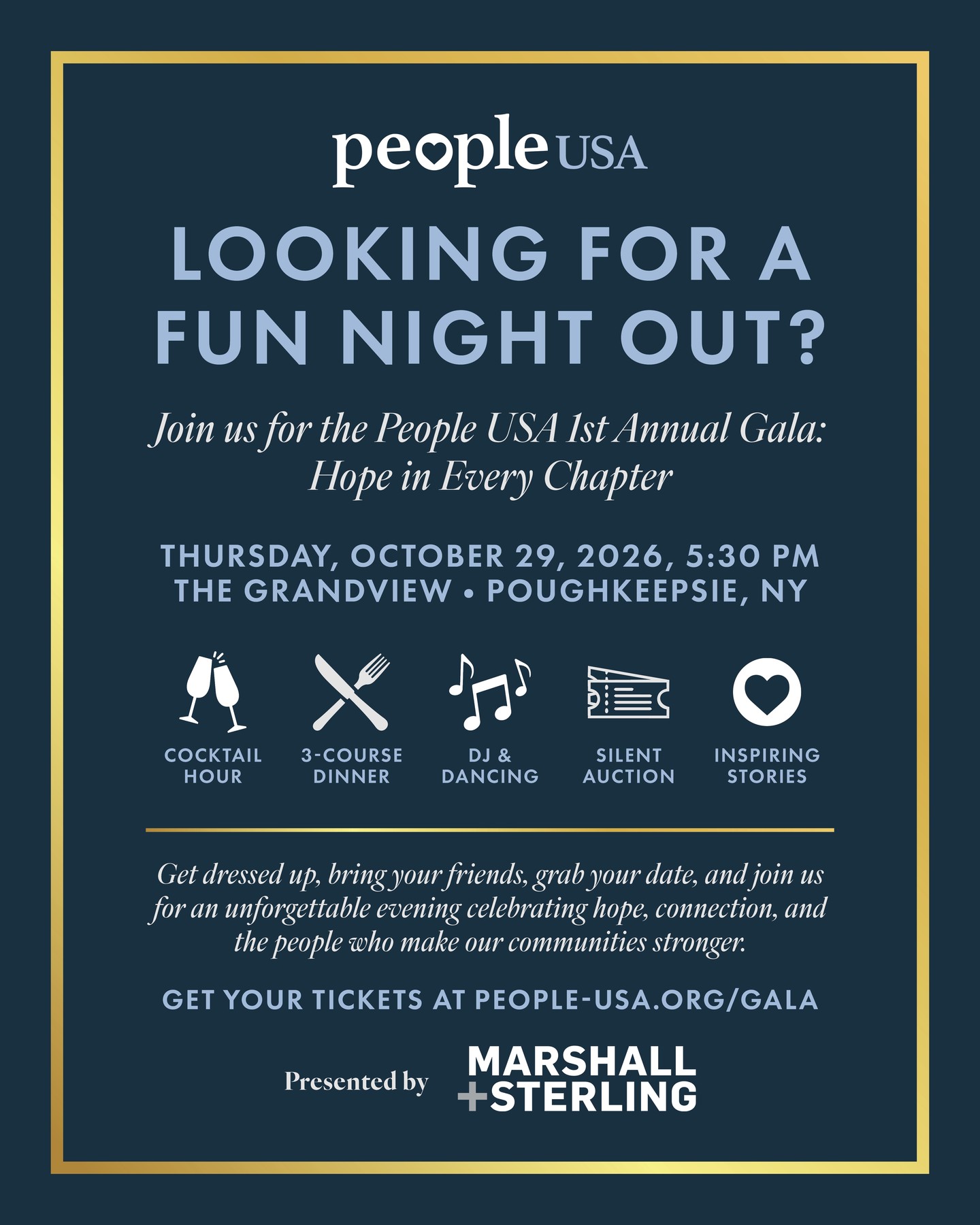 β¨οΈ Looking for a Fun Night Out? A Date Night? A Reason to Get Dressed Up and Dance? β¨οΈ
Join us for the People USA 1st Annual Gala: Hope in Every Chapter on Thursday, October 29, 2026, at The Grandview in Poughkeepsie!
Get dressed up, bring your friends, grab your date, and join us for an unforgettable evening celebrating hope, connection, and the people who make our communities stronger.
Cocktail Hour π₯
Three-Course Dinner π½οΈ
DJ & Dancing ππΊ
Exciting Silent Auction ποΈ
Inspiring stories from People USA π
And plenty of opportunities to celebrate with our community! π€
Whether you're looking for the perfect date night, night out with friends, or simply an excuse to dress up and have some fun, this is an evening you won't want to miss.
While you enjoy the festivities, you'll also discover more about People USA and the people, programs, and peer-powered approach that are helping transform behavioral health care across our communities.
Come celebrate with us. Come dance with us. Come be part of the next chapter.
π
Thursday, October 29, 2026 at 5:30 pm
π The Grandview | Poughkeepsie, NY
π« Reserve your tickets today and join us for a night of hope, celebration, and dancing!
ποΈ Tickets are available now: https://people-usa.org/gala/
#PeopleUSAsFirstAnnualGala #PeopleUSA #Gala #CommunityEvent #Nonprofit