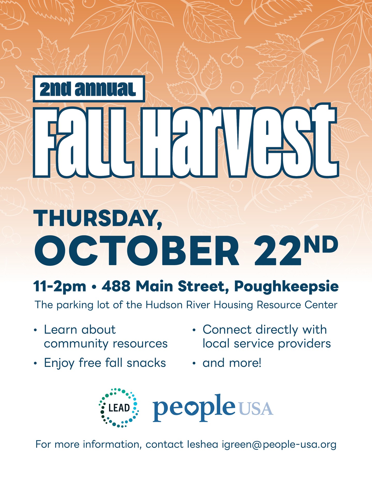Join us for our 2nd Fall Harvest Wellness Fair "A Community Resource & Wellness Gathering." π§‘ππ§‘
It will be an afternoon of :
β’ Mobile health services
β’ Harm reduction education & resources
β’ Community services (treatment, recreation)
β’ Free haircuts (based on availability)
β’ Warm harvest snacks
For questions, donations, or to get involved, contact:
Ieshea Green: igreen@people-usa.org | 845.309.5926
#WarmDrive #Donate #GiveBack #LEAD #PeopleUSA