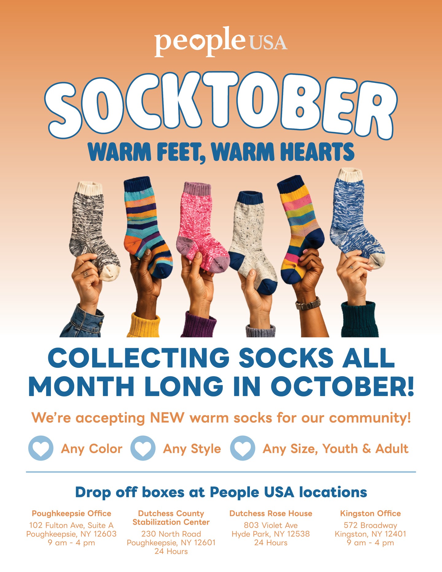 We need your help for our Socktober Sock Drive! π§¦ππ§¦
Throughout the month of October, weβre asking our supporters to help us collect NEW socks that will be distributed to OUR participants across our agency.
As the temperatures begin to drop, something as simple as a clean, warm pair of socks can make a meaningful difference. For individuals experiencing housing instability, financial hardship, or other challenges, socks are an everyday necessity that can easily be overlooked.
Weβre collecting:
𧦠NEW socks only
𧦠Youth and adult sizes
𧦠Any color
𧦠Any style
π€π«Ά ONE PAIR CAN MAKE A DIFFERENCE! π«Άπ€
#Socktober #SockDrive #GiveBack #Makeadifference #PeopleUSA