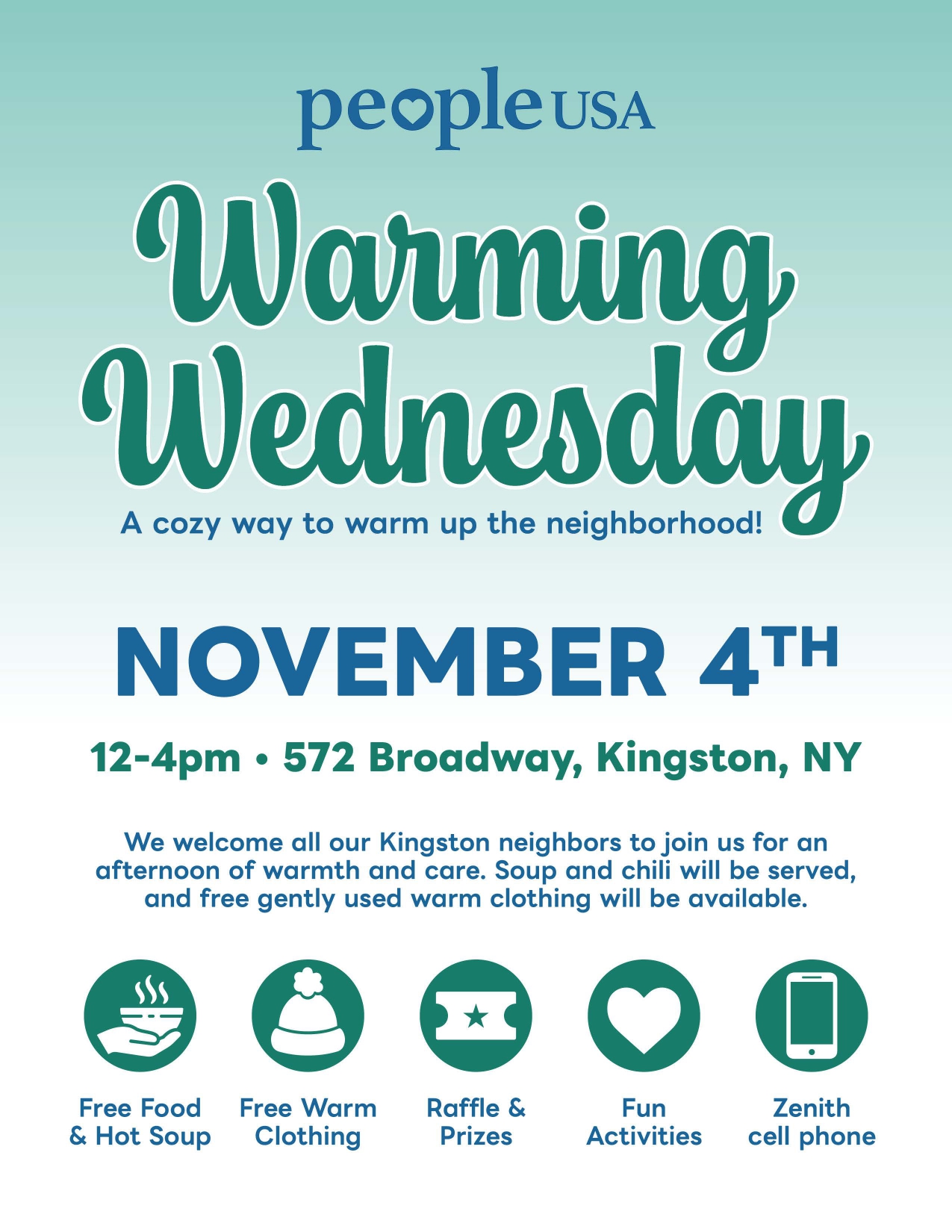 π§£βοΈπ§€ Join us for our "Warming Wednesday" Community Event! π§£βοΈπ§€
Everyone is welcome! Whether youβre looking for winter essentials, a warm meal, fun activities, or resources, weβre here to support you. π«Ά
What is Available:
βοΈ Warm coats, hats, gloves, scarves, and other winter clothing
βοΈ Free Food
βοΈ Raffles & Prizes
βοΈ Zenith Cell Phones
π
November 4th, 2026
π 572 Broadway, Kingston, NY
β 12PM - 4PM
#PeopleUSA #Support #GiveBack #Giveaways #CommunitySupport